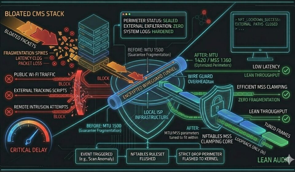 A complex dark-mode network architecture diagram from the file watermarked_img_2433013148957893812.png, mapping out the severe latency delays, database congestion, and third-party tracking scripts triggered by a bloated CMS framework versus a hardened static server pipeline.