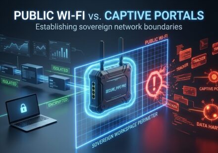 Alt Text A technical featured image diagram for a cybersecurity blog post titled "PUBLIC WI-FI vs. CAPTIVE PORTALS: Establishing sovereign network boundaries." In the center, a dark hardware router labeled "SECURE_PIPE PRO" projects a glowing neon blue laser grid labeled "SOVEREIGN WORKSPACE PERIMETER." To the left, a laptop with a lock icon is connected to clean, green-labeled data flows marked "ISOLATED" and "ENCRYPTED." To the right, red glowing elements representing a hostile "PUBLIC WI-FI" network—including malicious nodes labeled "TRACKER," "CAPTIVE PORTAL SCRIPT," and "DATA HARVESTER"—are stopped and blocked by the blue security perimeter.