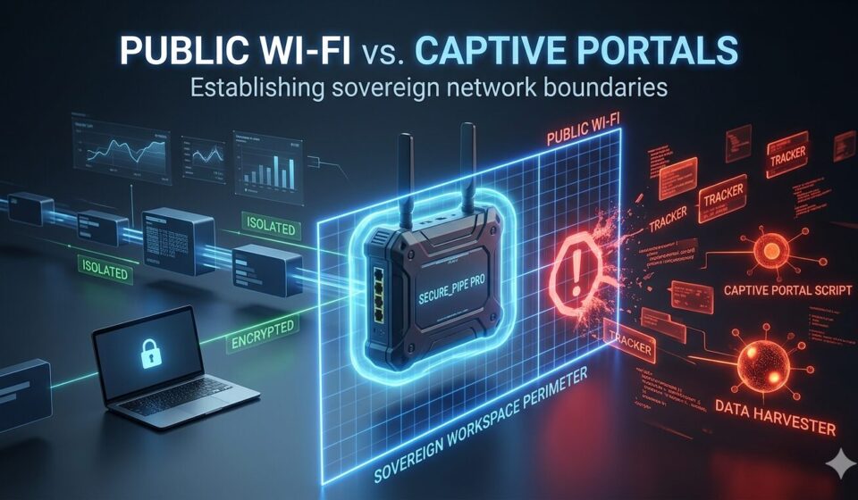 Alt Text A technical featured image diagram for a cybersecurity blog post titled "PUBLIC WI-FI vs. CAPTIVE PORTALS: Establishing sovereign network boundaries." In the center, a dark hardware router labeled "SECURE_PIPE PRO" projects a glowing neon blue laser grid labeled "SOVEREIGN WORKSPACE PERIMETER." To the left, a laptop with a lock icon is connected to clean, green-labeled data flows marked "ISOLATED" and "ENCRYPTED." To the right, red glowing elements representing a hostile "PUBLIC WI-FI" network—including malicious nodes labeled "TRACKER," "CAPTIVE PORTAL SCRIPT," and "DATA HARVESTER"—are stopped and blocked by the blue security perimeter.
