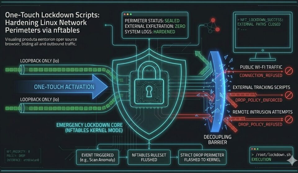 A dark-mode technical infrastructure diagram in the file watermarked_img_12226442932059494737.png, visualizing an emergency nftables kernel-level firewall lockdown that severs external traffic while preserving local loopback