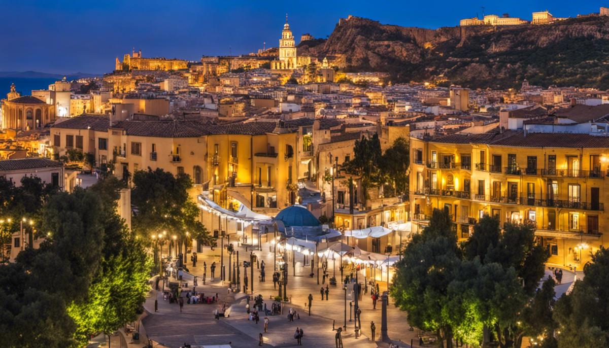 A vibrant image of Castellón de la Plana's cultural scene showcasing art, theater, and festivals intertwined with the city's architecture and gastronomy.