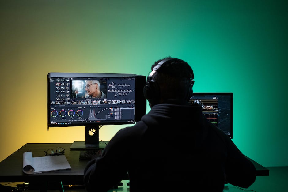 A person using a computer to edit a video, with a timeline and various tools displayed on the screen